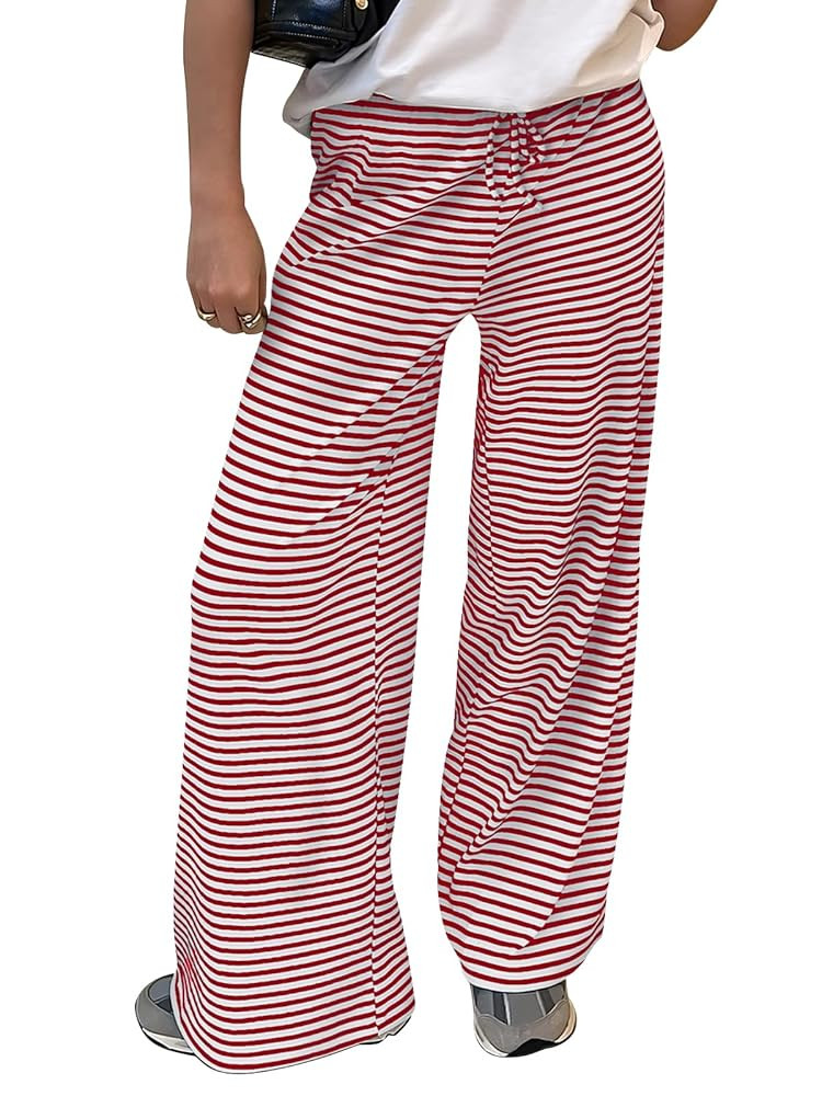 Trendy Queen Womens Striped Ribbed Wide Leg Pants Casual Drawstring Elastic Waist Baggy Sweatpant... | Amazon (US)