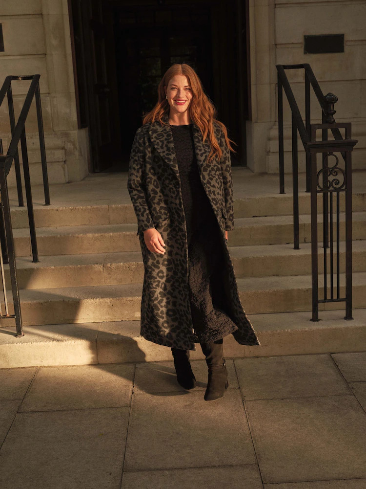 JD Williams Grey Leopard Print Longline Wool Coat | Next EU