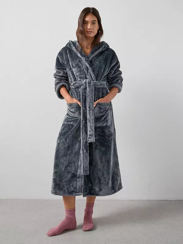 V by Very Wellsoft Longline Hooded Dressing Gown - Charcoal | Very (UK)