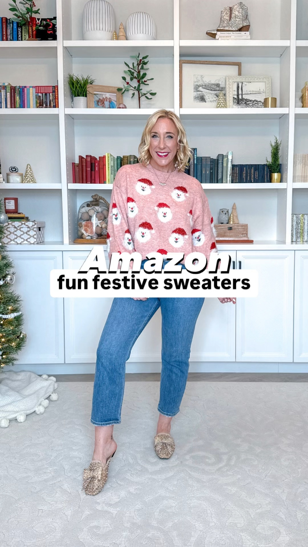 Amazon festive sweaters:
1. B/W fair isle sweater - size small.
2. Pink Santa sweater - size medium.
3. Green pom-pom sweater - size small. 
* black jeans - size 2.
* ankle jeans - size 25, short.
* darker jeans - size 0.
* mules & plaid heals - tts  
** also linked my set from the beginning (small in the top & a XS in the pants).


#LTKHoliday #LTKWatchNow #LTKSeasonal