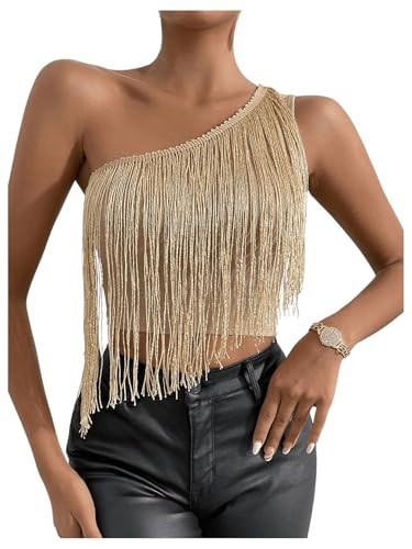OYOANGLE Women's Fringe Trim One Shoulder Tank Top Sleeveless Tassel Crop Tops Party Clubwear Champagne X-Small | Amazon (US)