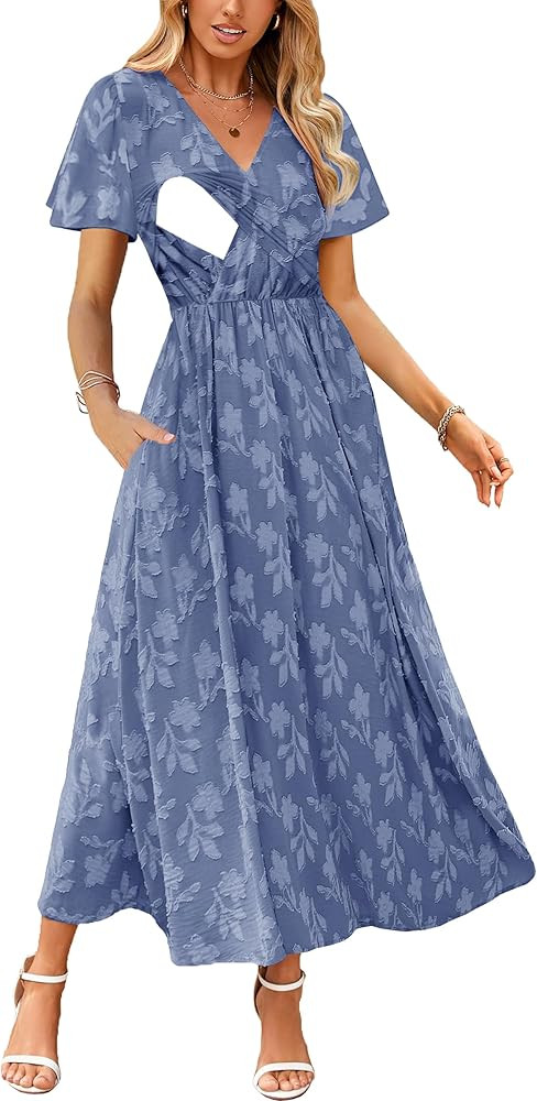 CzzzyL Women's Nursing Boho Floral Dress Flowy Casual V Neck Short Sleeve Wedding Guest with Pock... | Amazon (US)