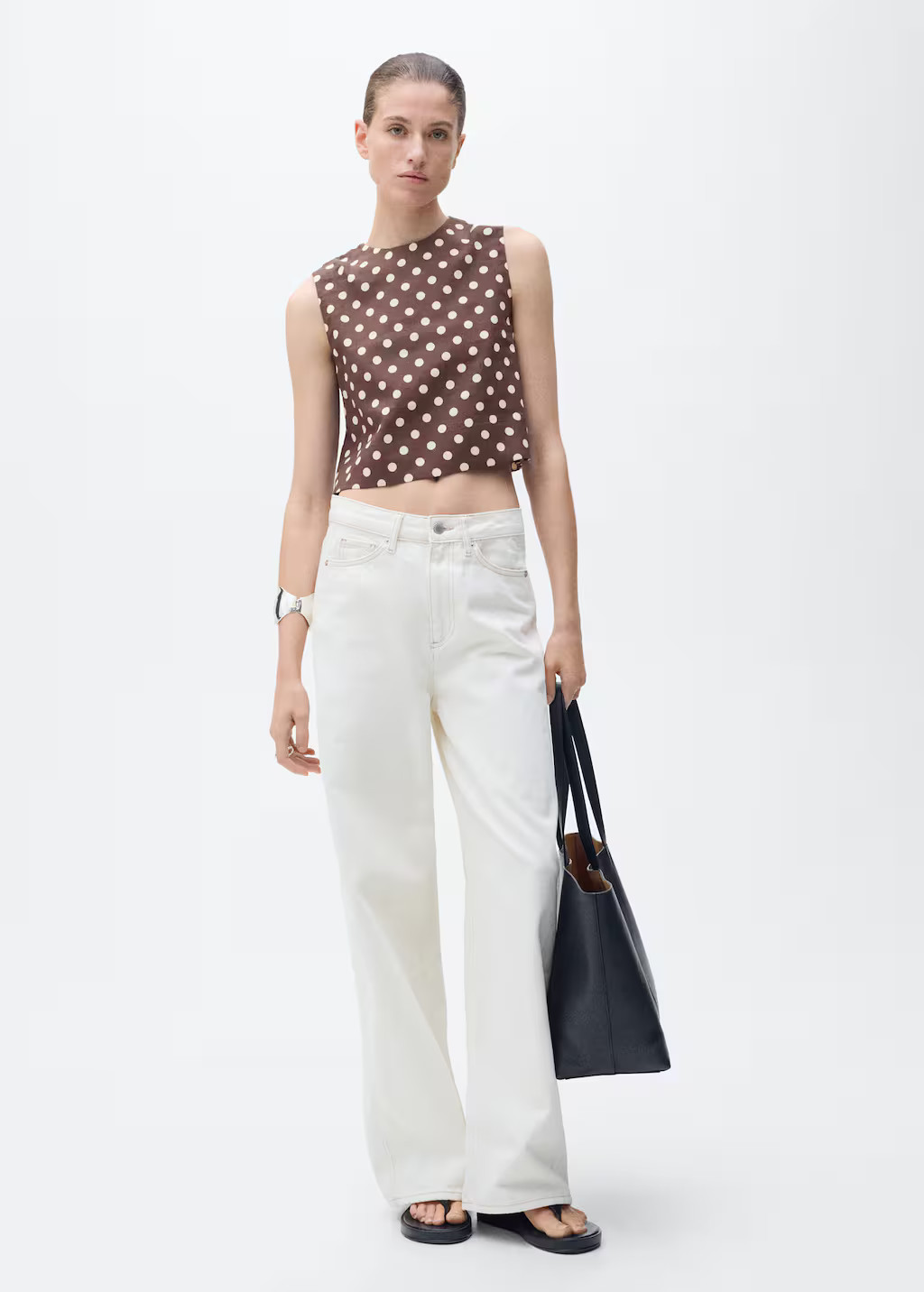 Polka-dot linen crop top chocolate - Women - M - MANGO | Mango (US/MX/AU)