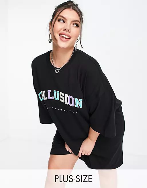 COLLUSION Plus varsity print t-shirt dress in black | ASOS (Global)