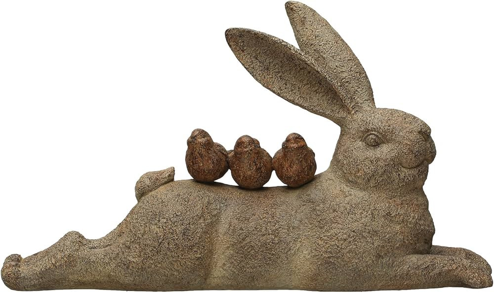 Creative Co-Op Decorative Resting Rabbit with Birds Figurine Décor, 16.5" L, Distressed Brown | Amazon (US)