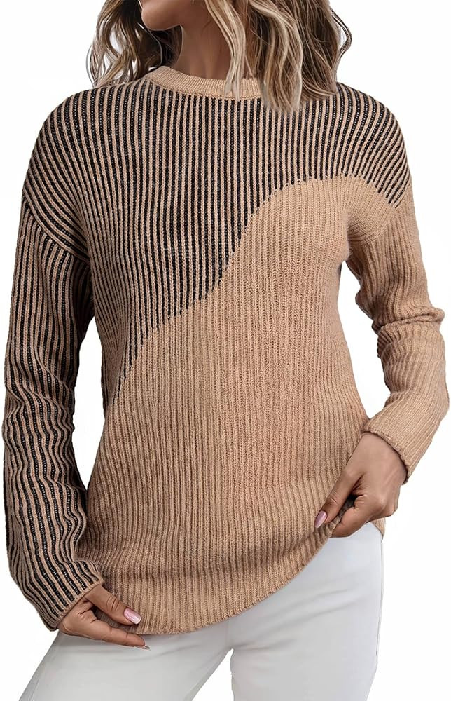 Sidefeel Womens Long Sleeve Crewneck Color Block Pullover Sweaters Casual Striped Loose Knit Tops... | Amazon (US)