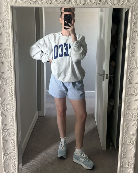 OOTD : running errands 
Cape cod oversized sweatshirt - wearing xl 

Jcrew boxer shorts - wearing a medium. Men’s boxers are literally so cute!!! 

Amazon socks - ruffle socks just feel so feminine & fun to me! 

New balance tennis shoes / platform tennis shoes - run tts 

#LTKfindsunder100 #LTKActive #LTKshoecrush