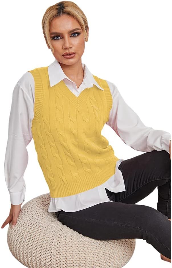 Fisoew Women's Sleeveless V-Neck Vintage Sweater Knitted Vest Casual Preppy Style | Amazon (US)