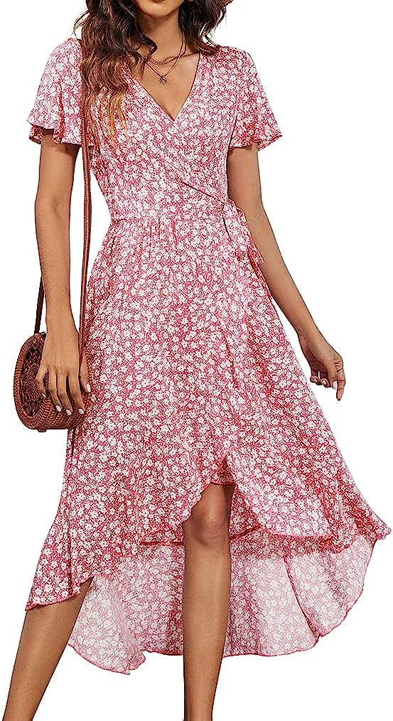 Naggoo Women's Summer Wrap Floral V Neck Ruffle Short Sleeve Beach Midi Dress | Amazon (US)