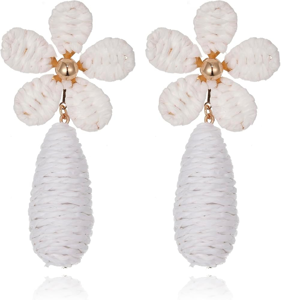 Raffia Flower Pendant Earrings, Handmade Floral Raffia Statement Drop and Dangle Earrings Summer ... | Amazon (US)