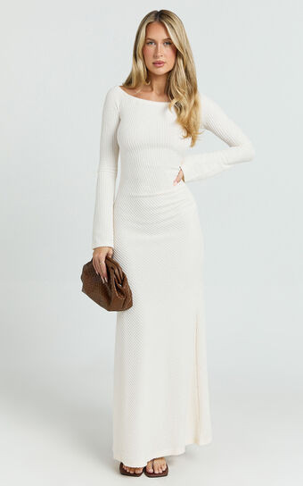 Ayla Maxi Dress - Off Shoulder Flared Sleeve Bodycon Dress in Off White | Showpo (ANZ)