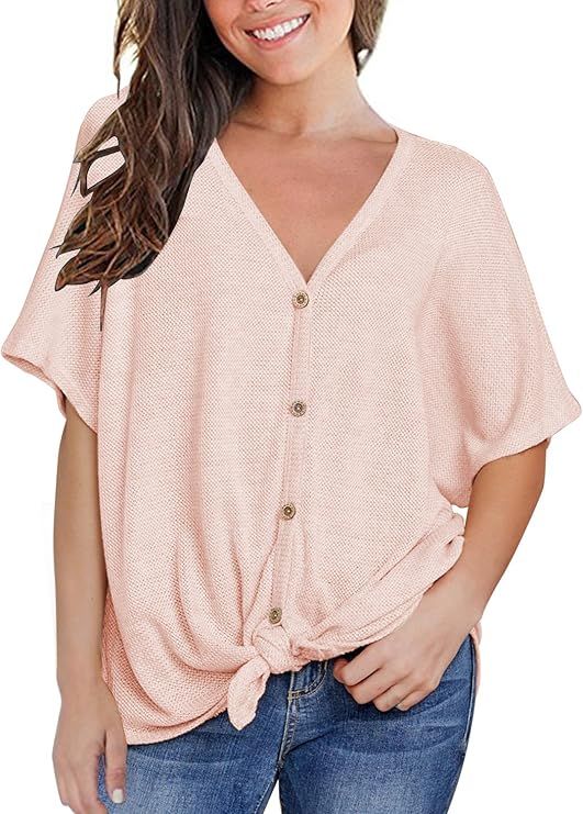 MIHOLL Womens Loose Blouse Short Sleeve V Neck Button Down T Shirts Tie Front Knot Casual Tops | Amazon (US)