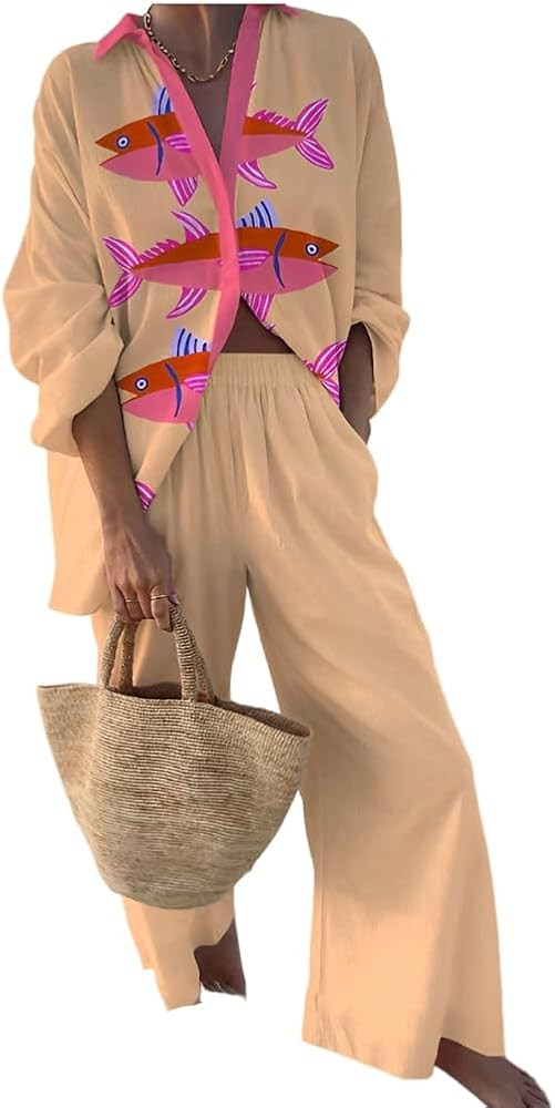 Akivide Womens Beach Vacation 2 Piece Outfits Long Sleeve Button Down Shirts and Matching Drawstr... | Amazon (US)