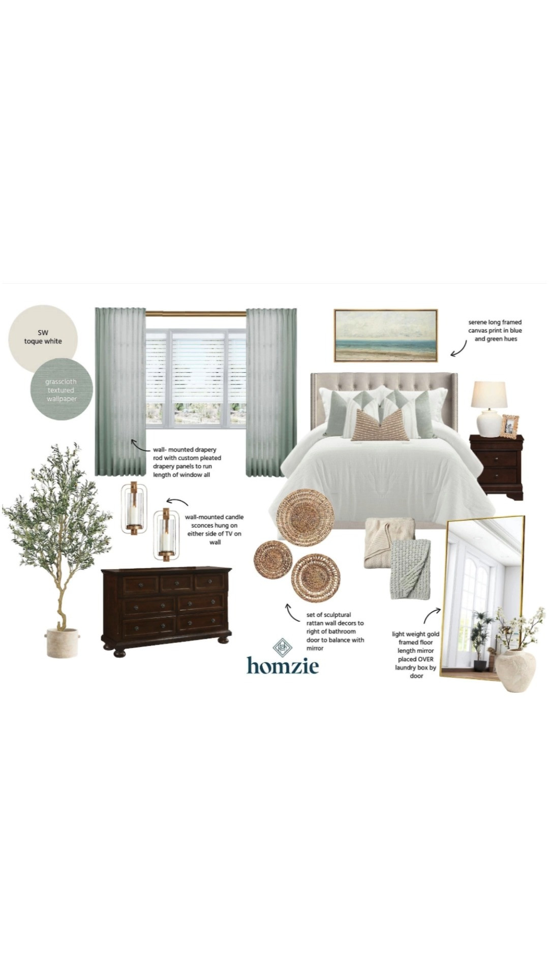 Coastal master bedroom design featuring wall sconces, wall art, decorative pillows, floor length mirror, curtains, etc.

#LTKHome #LTKFinds #LTKFavorites #HomeStyleDaily 

 #LTKHome #LTKStyleTip #LTKFamily