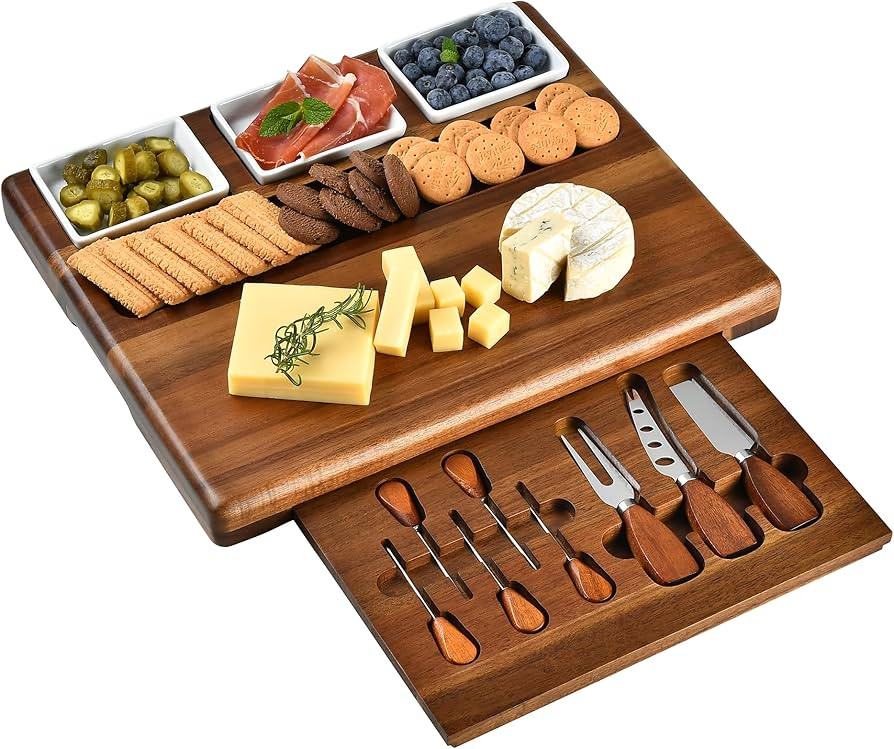 Shanik Large Acacia Wood Charcuterie Board Set with 3 Removable Ceramic Bowls & Serving Utensils ... | Amazon (US)