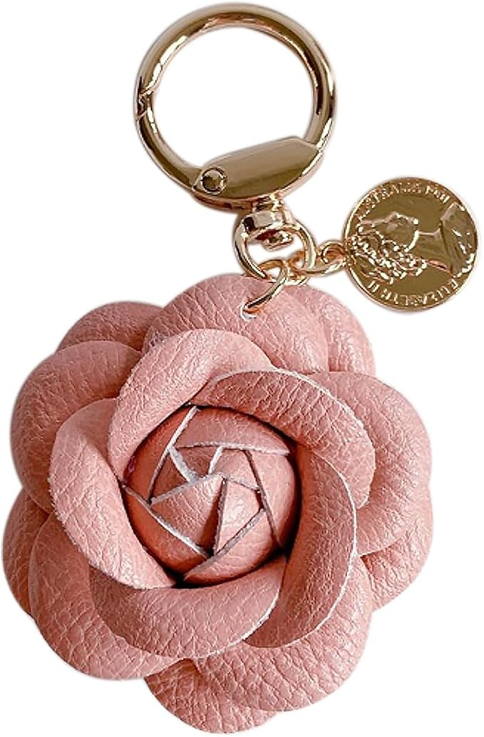 Leather Flower Keychain Bag Charm, Rose Shape, Silver Gray | Amazon (US)