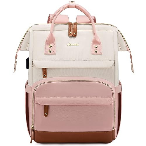 LOVEVOOK Laptop Backpack Purse for Women Men, Nurse Work Business Travel Backpack Bag, Wide Open Backpack, Lightweight Water Resistent Daypack with USB Charging Port, 15.6 inch, Beige-Pink-Brown | Amazon (US)