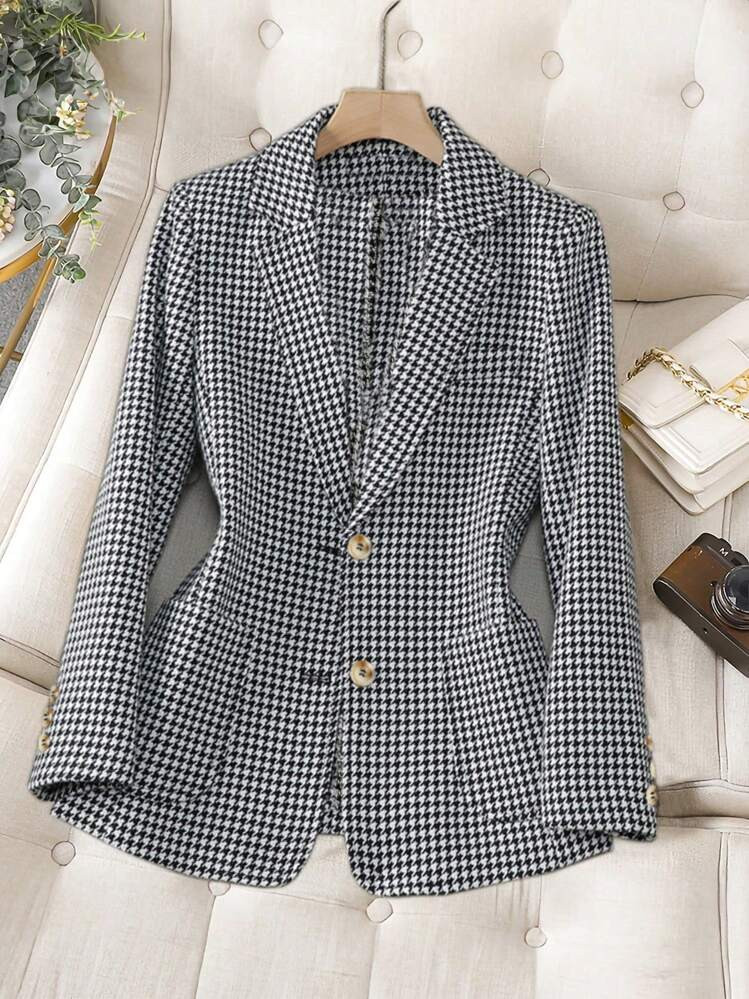 SHEIN LUNE Women's Button Front Notched Collar Long Sleeve Minimalist Blazer, Casual Daily Wear | SHEIN