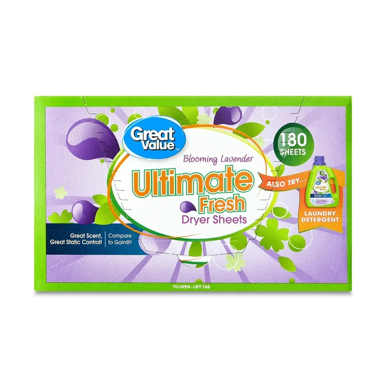 Great Value Ultimate Fresh Dryer Sheets, Blooming Lavender, 180 Count, Compare to Gain® | Walmart (US)