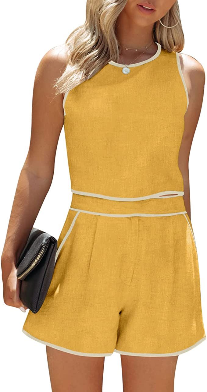 Fessceruna Womens 2 Piece Outfits Sleeveless Crop Zip Back Tank Top and High Waist Shorts Summer ... | Amazon (US)