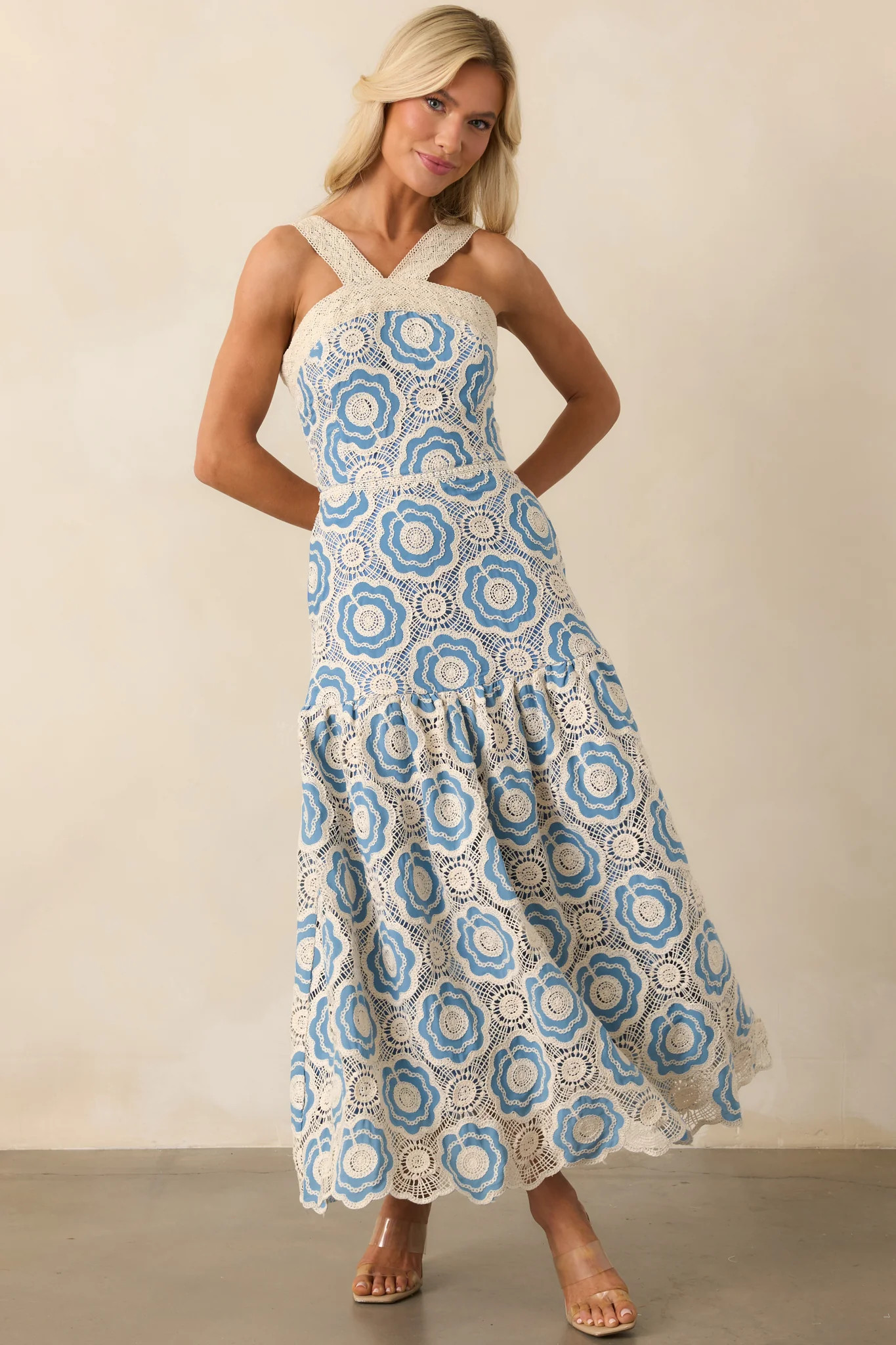 Midnight Muse Light Blue Floral Embroidered Drop Waist Maxi Dress, Wedding Guest, Anniversary Dress, | Red Dress