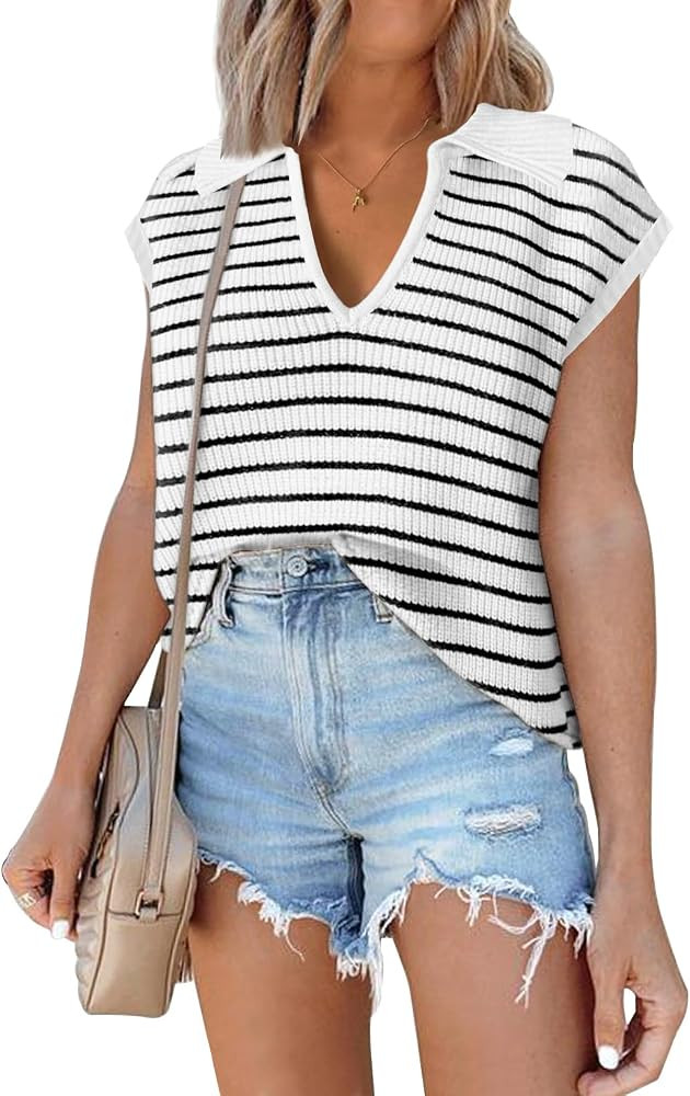 Womens Cap Sleeve Sweaters Tops 2024 Striped Sleeveless Vest Knit Tops Casual Summer Color Block ... | Amazon (US)