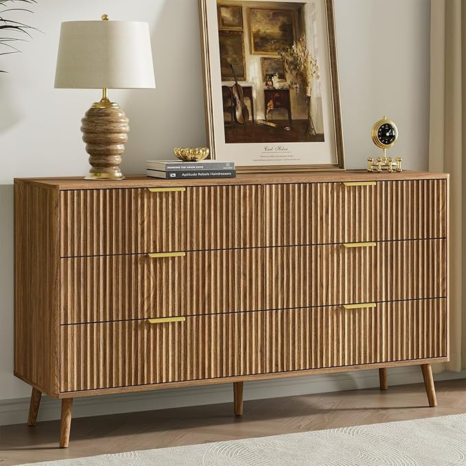 LYNSOM 55" Wide Fluted Dresser for Bedroom with 6 Drawer, Modern Chest of Drawers with Curved Pro... | Amazon (US)