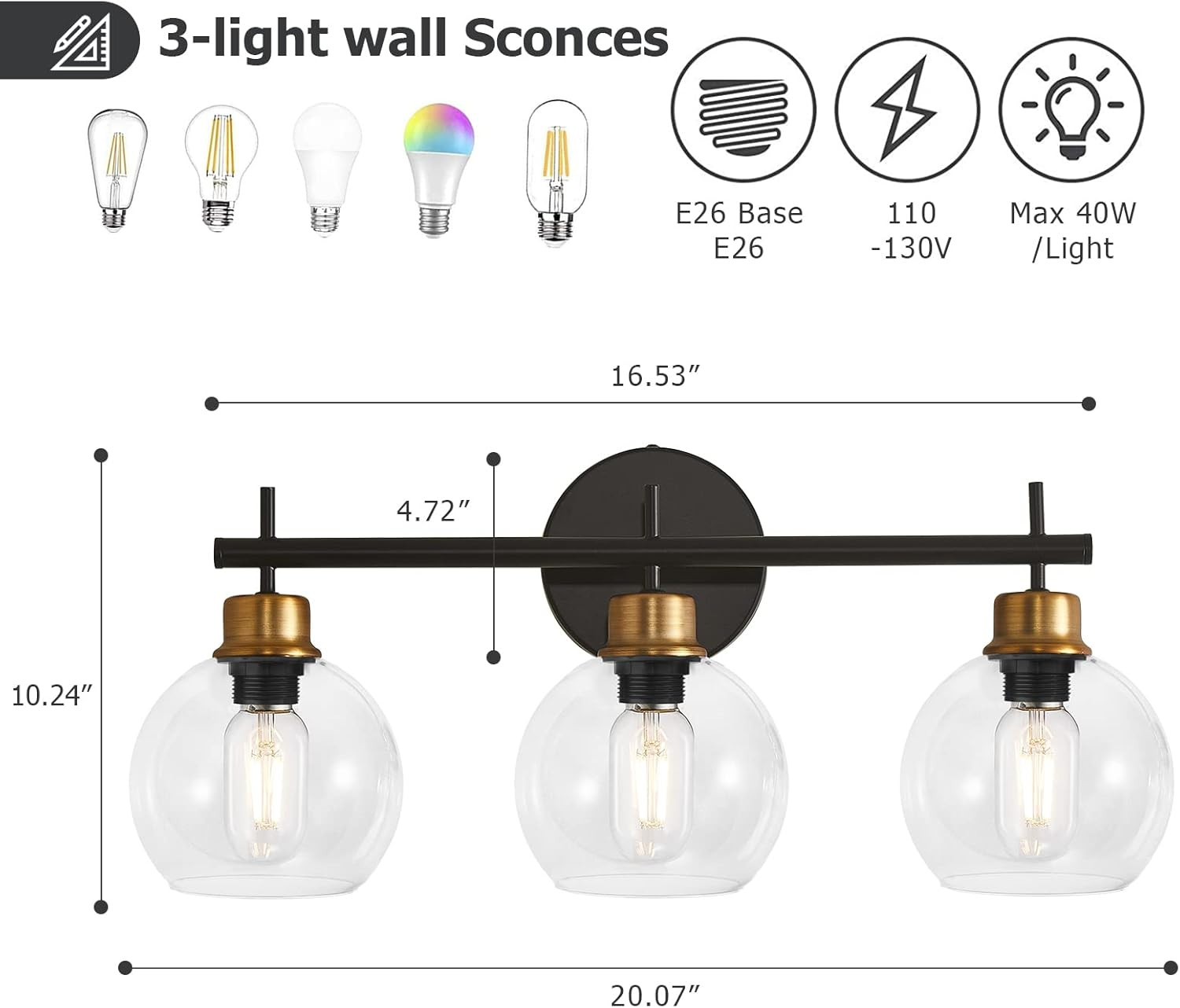Bathroom Vanity Light Fixtures, 3 Light Black Gold Bathroom Vanity Light, Vanity Lighting Fixture... | Amazon (US)