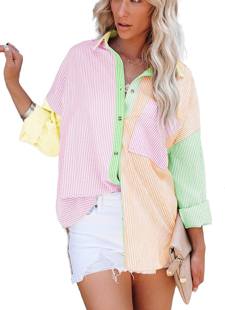 ONIRIKE Womens Long Sleeve Color Block Button Down Boyfriend Oversized Shirt Blouse Tops | Amazon (US)