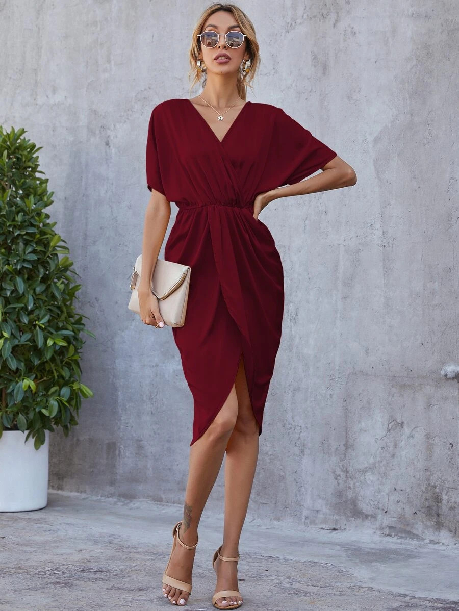 Surplice Neck Batwing Sleeve Wrap Dress | SHEIN