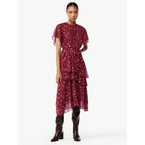 Scoop Women's Tie Waist Midi Dress with Ruffle Sleeves - Walmart.com | Walmart (US)