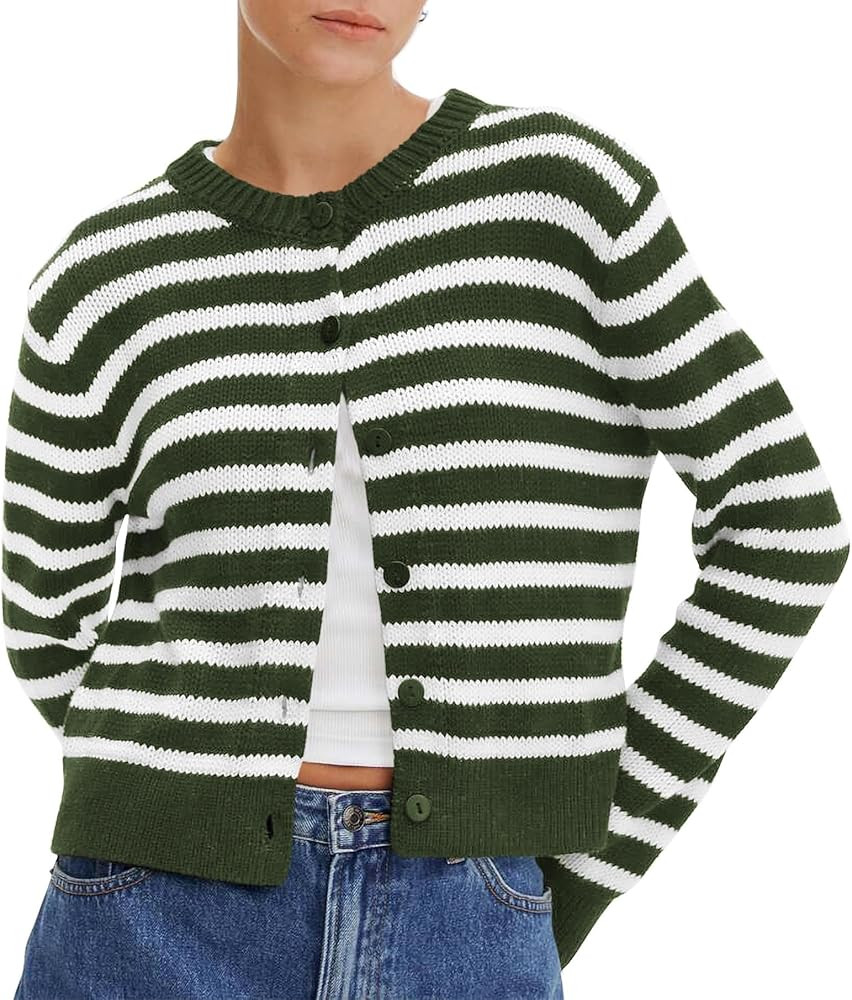 KIRUNDO Womens Cardigan Sweater Striped Button Down Cropped Long Sleeve Knit Lady Jackets Fall Ou... | Amazon (US)