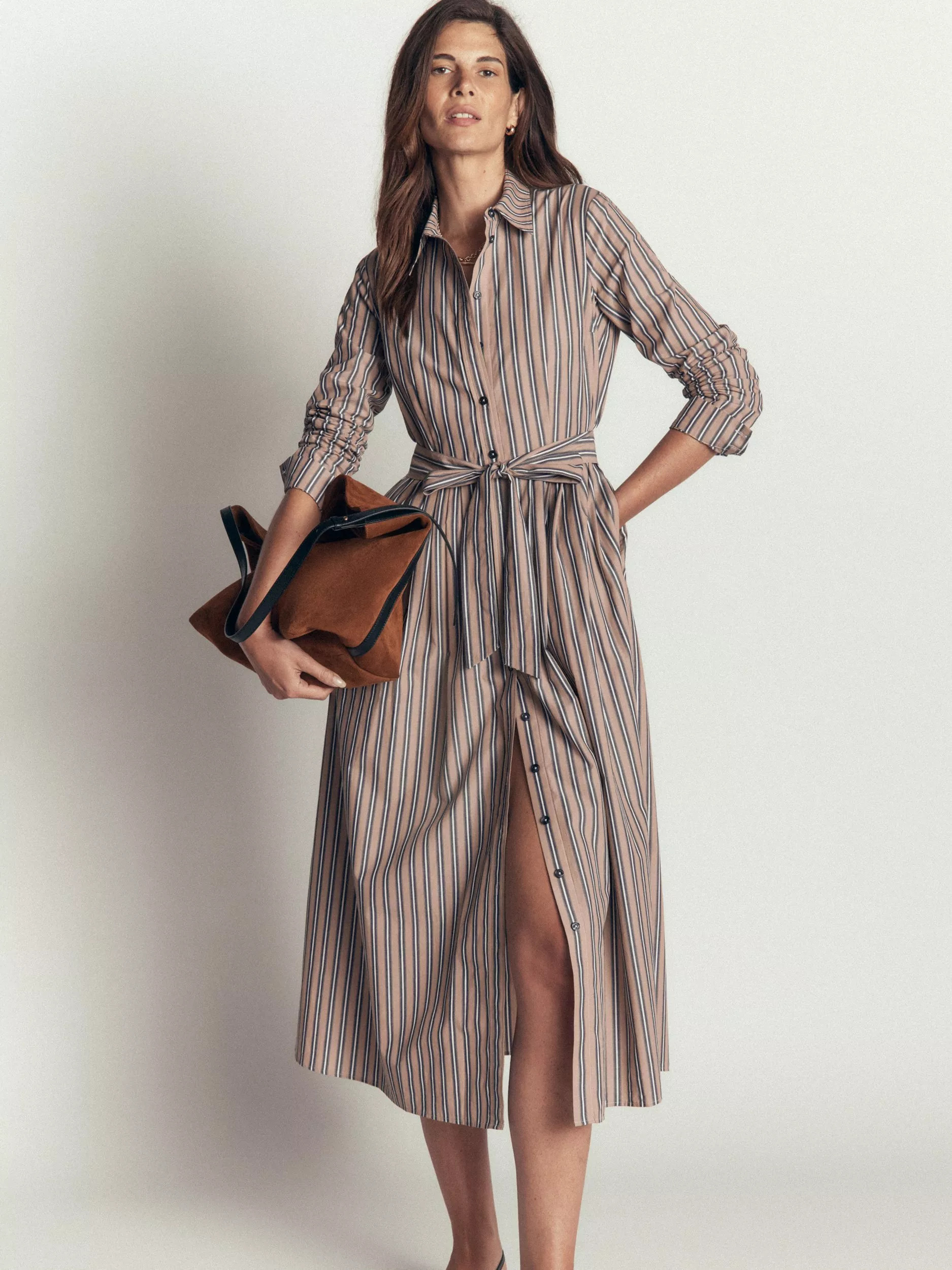 Boden Alexa Cotton Long Sleeve Stripe Midi Dress, Camel/Navy | John Lewis (UK)