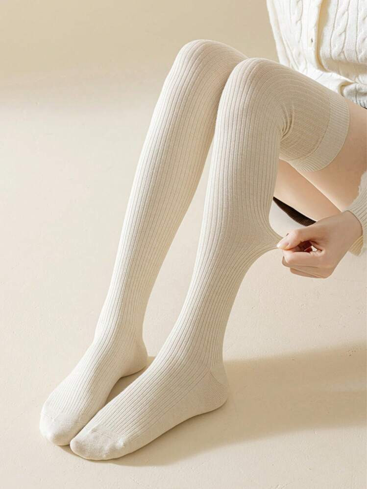 1pair Korean Style Long Knitted Vertical Stripe Thigh High Socks For Women, Windproof Over Knee S... | SHEIN