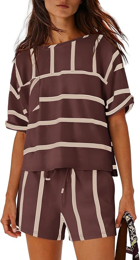 Nirovien Womens Striped Lounge Set 2 Piece Vacation Outfits Short Sleeve Tops and Drawstring Shor... | Amazon (US)