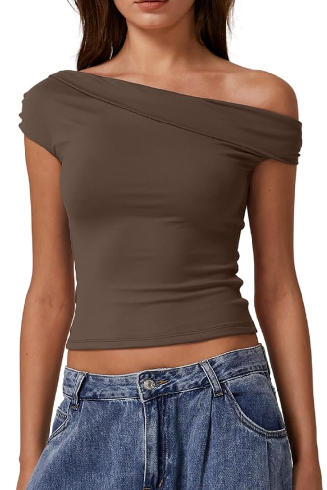 QINSEN Womens Twisted Off The Shoulder Tops Double Lined Short Sleeve T Shirts Slim Fitted Stretc... | Amazon (US)