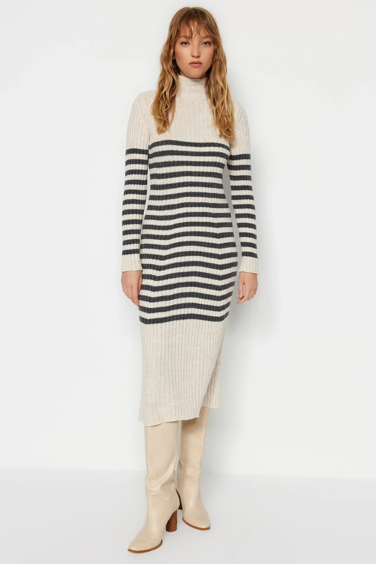 Trendyol Collection Stone Maxi-Strickkleid mit Streifen TWOAW24EL00091 | Trendyol DE