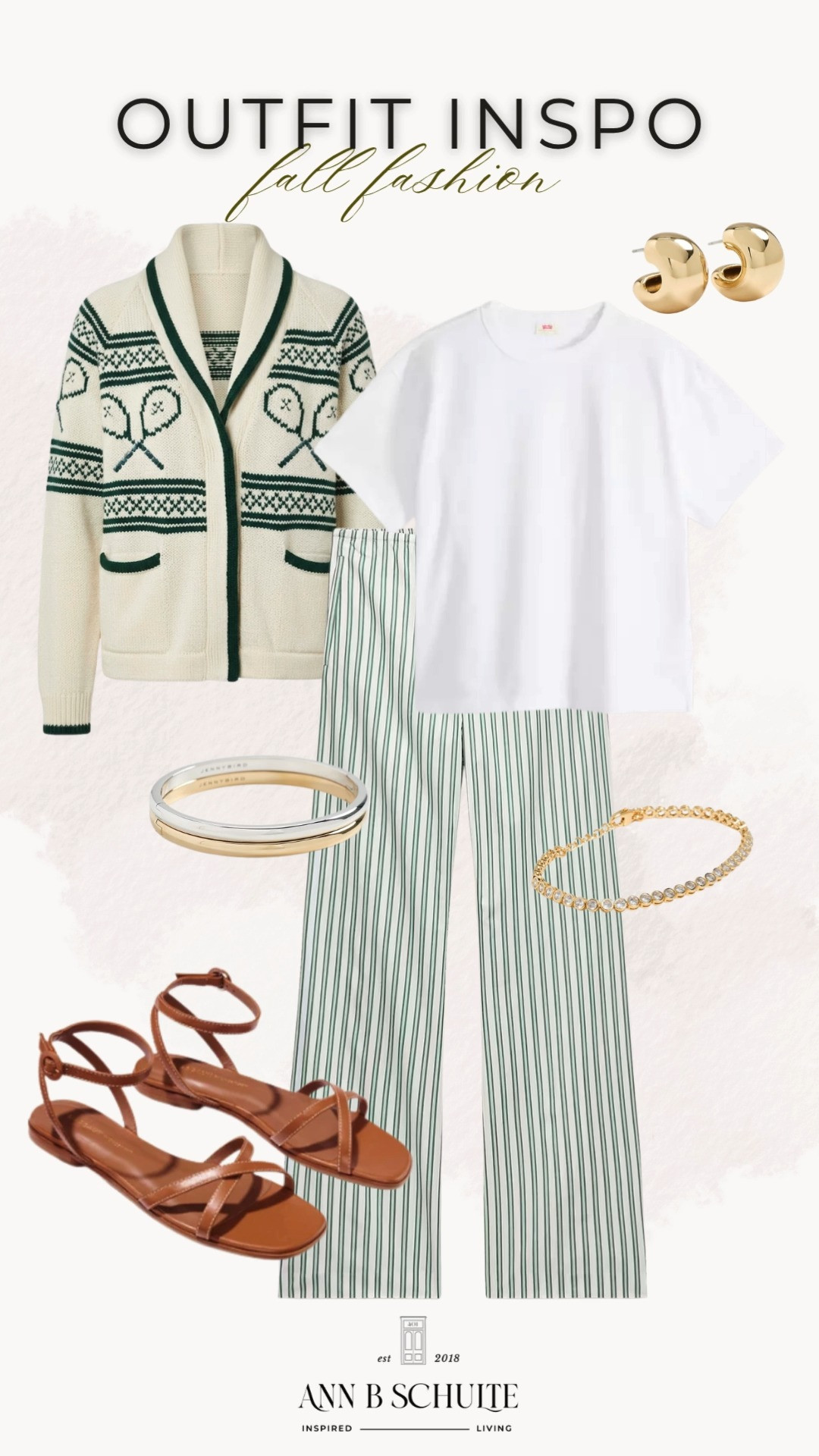 This fall fashion outfit is all about fresh, effortless style with a polished preppy touch. The patterned cardigan adds a cozy layer over a crisp white tee, while striped wide-leg pants keep the look relaxed and elevated. Simple gold jewelry and strappy sandals finish everything with just the right amount of detail. 🍂🤍✨
#FallFashion #FallOutfit #FallStyle #FallOutfitIdeas #PreppyStyle #TransitionalStyle #WideLegPants #CardiganStyle #EverydayStyle #OutfitInspiration 

 #LTKootd