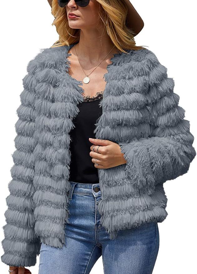 GAMISOTE Womens Open Front Faux Fur Jacket Fluffy Long Sleeve Parka Coat Warm Cardigans | Amazon (US)
