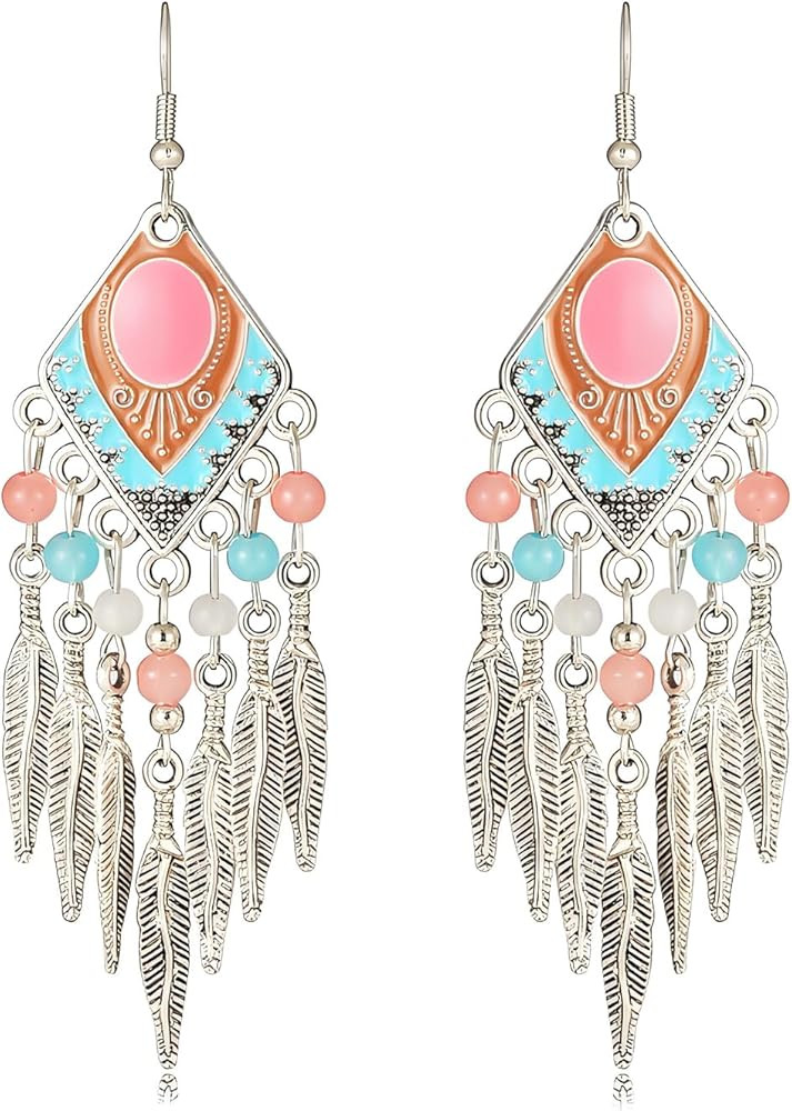Boho Turquoise Drop Earrings Retro Long Copper Feather Tasse Metal Leaf Dangle Earrings Vintage C... | Amazon (US)