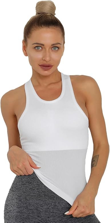Women Seamless Workout Tank Tops Ribbed Gym Athletic Camisole with Built in Bra | Amazon (US)