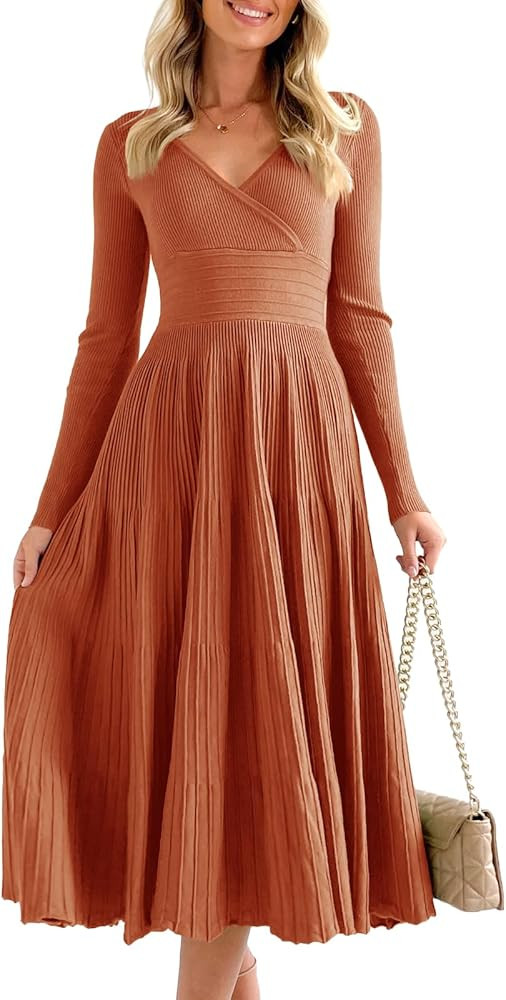 Saodimallsu Womens Long Sleeve Midi Sweater Dress Wrap V Neck Pleated A Line Fit Flare Elegant Kn... | Amazon (US)