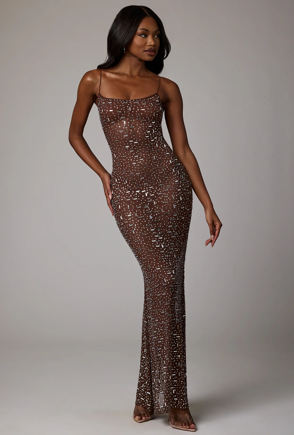 Sheer Embellished Scoop Neck Evening Gown in Deep Cocoa | Oh Polly