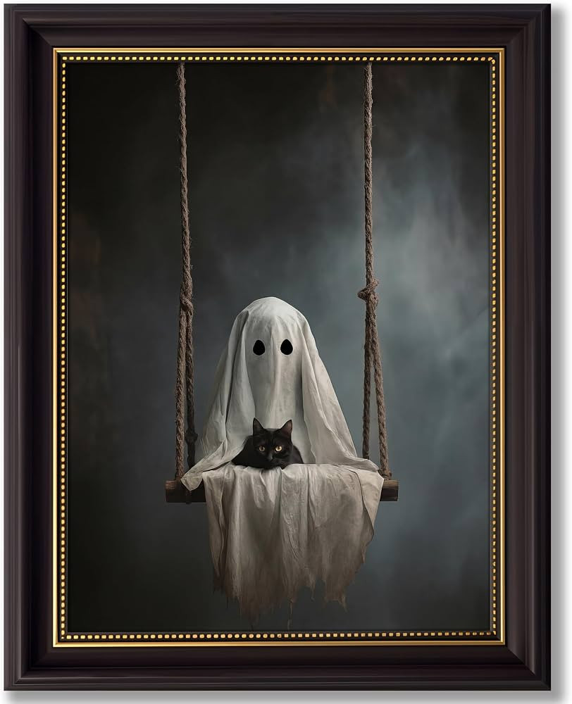 Vbaourut Framed Halloween Black Cat Wall Art, Moody Ghost on Swing Canvas Painting, Spooky Feline... | Amazon (US)