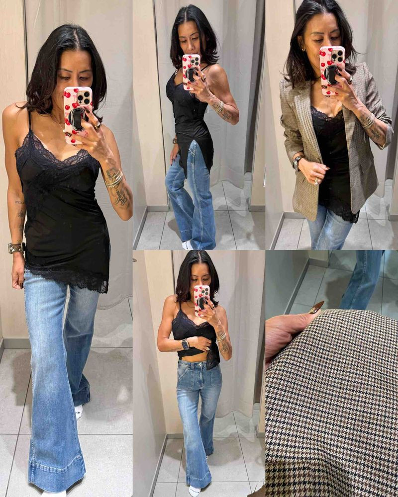 Ordered online but picked up in the store to try on different sizes. The camisole is stretchy and so comfy (I’m in XS). Houndstooth blazer feels luxe (I’m in XS). Flare jeans are super flattering and stretchy (I’m wearing a 2 here but ordered smaller size because I feel like they’ll stretch even more). 

 