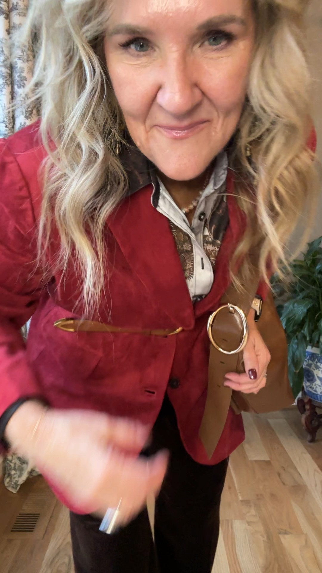 Anthropologie does it again! This oversized faux suede blazer is stunning. It’s a deep brick red and is very true to the color that you see in this video. I did go my larger size to provide room in the sleeves for when I want to layer something heavier. But you can probably just order your regular size
Pants I’m a size 30 regular and satin blouse. I’m a size medium. 

The Dolce Vita boots size because of the pointed and it makes them very comfortable. 
The belt I’m wearing a size large, and I have a button on the smallest hole. 

My purse is sold out in this color, but I will link several great options in this rich Carmel Brown. Anthropology has excellent vegan handbags. 

Fall out fed and pants, date night outfit, business, casual, brown velvet pants velvet pants, Colette pants

#LTKOver40 #LTKMidsize #LTKSeasonal