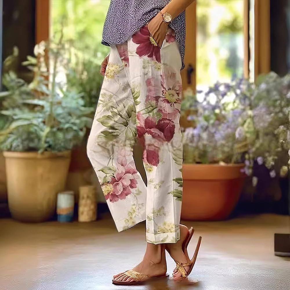 TIAFORD Womens Summer Boho Floral Print Linen Pants Drawstring Elastic Hight Waist Casual Loose Trousers with 4 Pockets | Amazon (US)