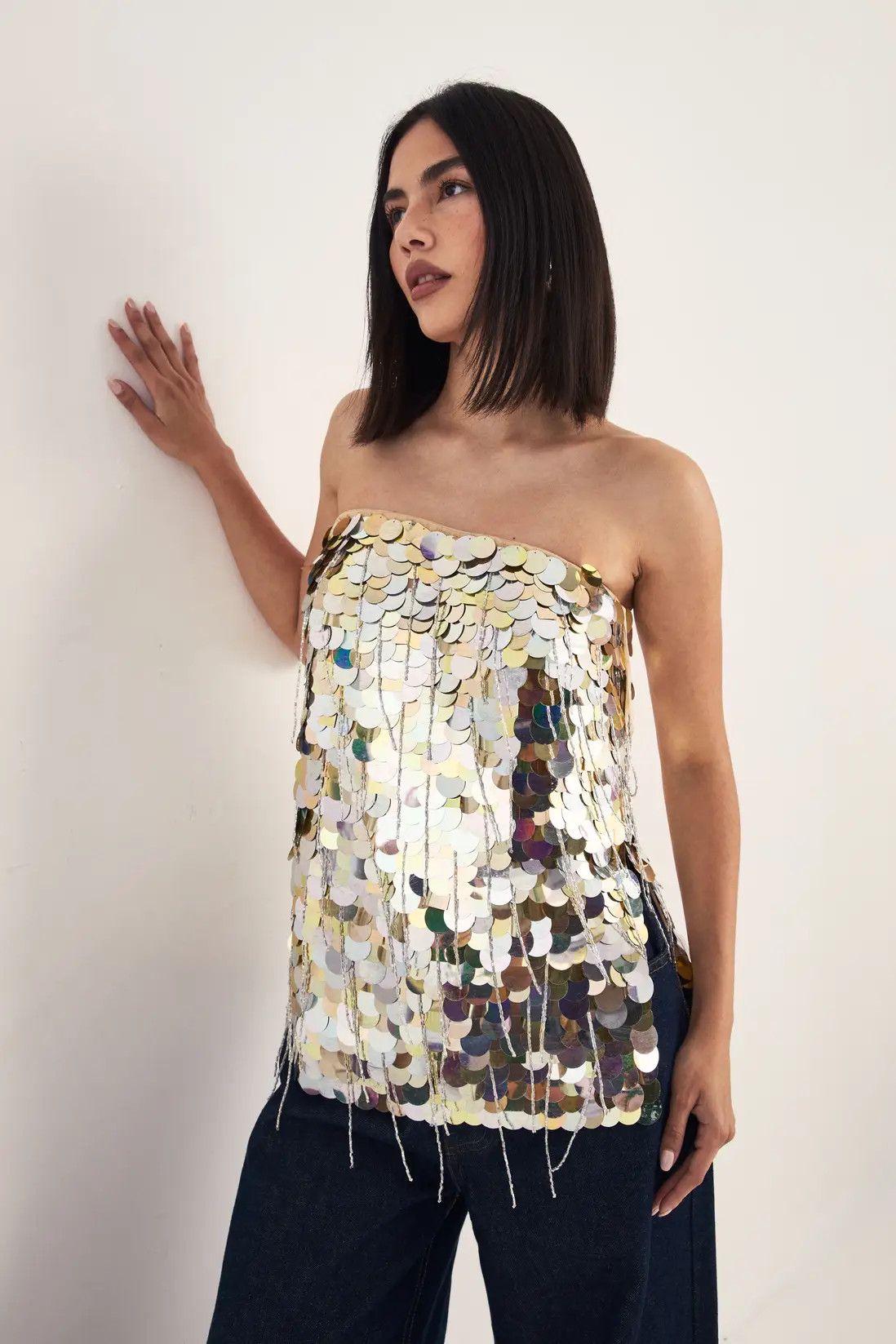 Gold NastyGal Disc Tassel Longline Bandeau Top | Boohoo | Boohoo.com (UK & IE)