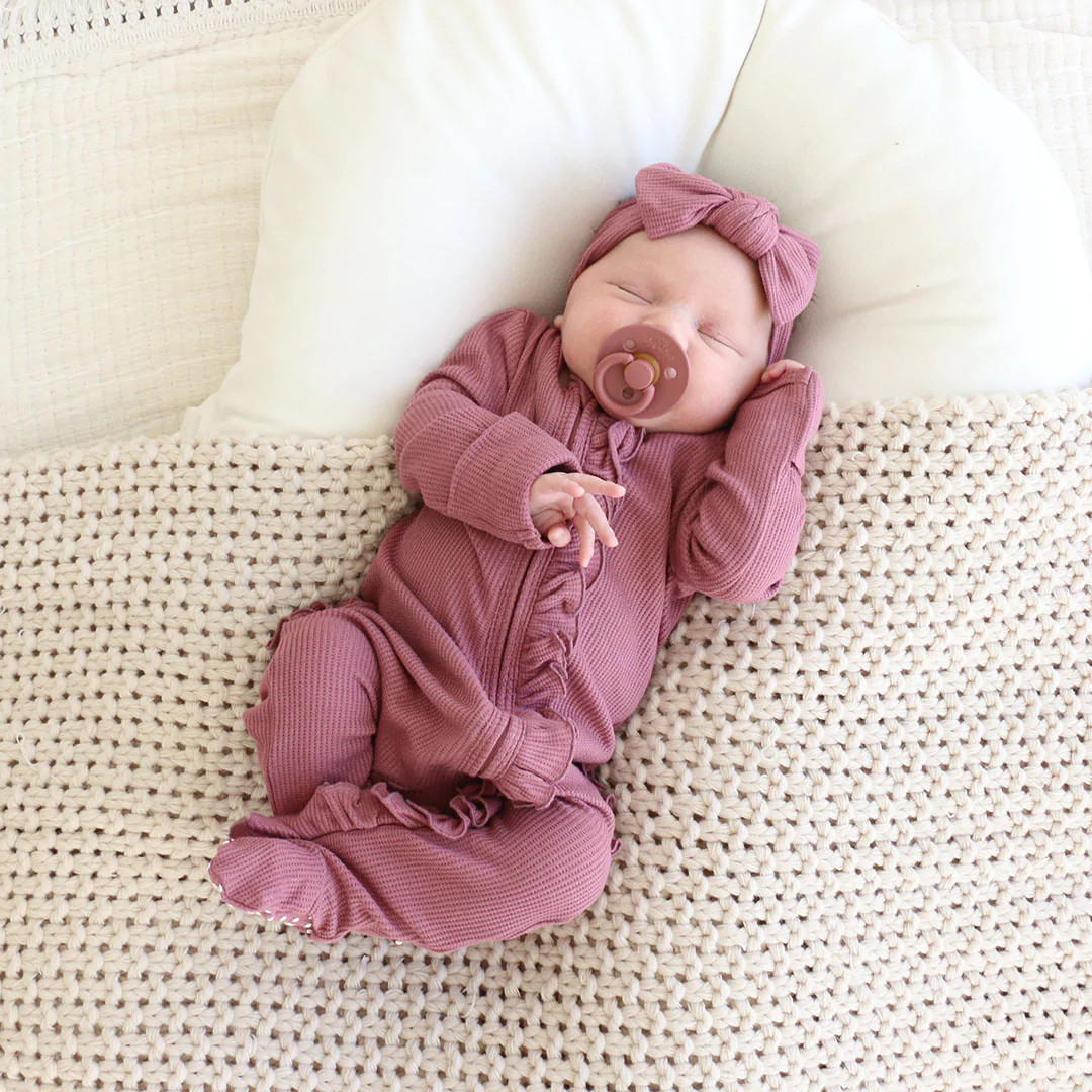 Boysenberry Waffle Bamboo Zipper Ruffle Footie | Caden Lane