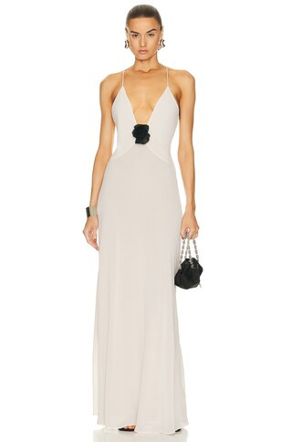 Helsa Sheer Deep V Long Slip Dress in Cream - Cream. Size XL (also in ). | FWRD 